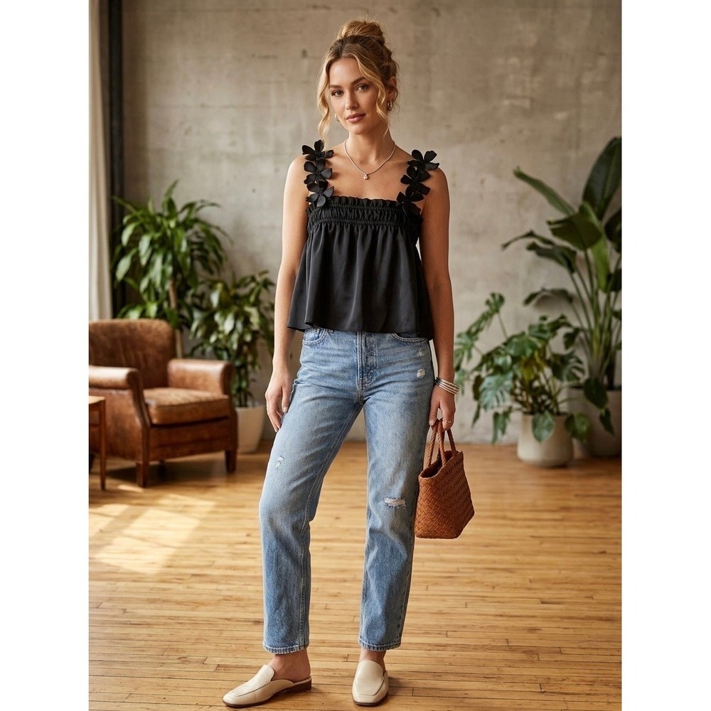 River Island SomewhereTo Go Black 3D Floral Applique Smocked Peplum Camisole Top